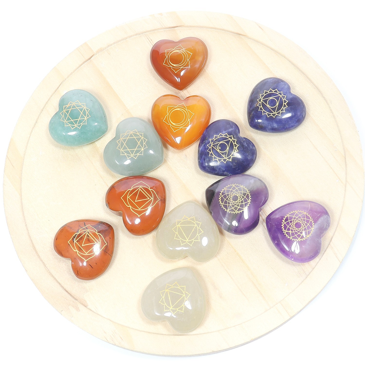 25mm Natural Healing Stones Heart 7 Chakra Crystal Set With Chakra Symbols 1set