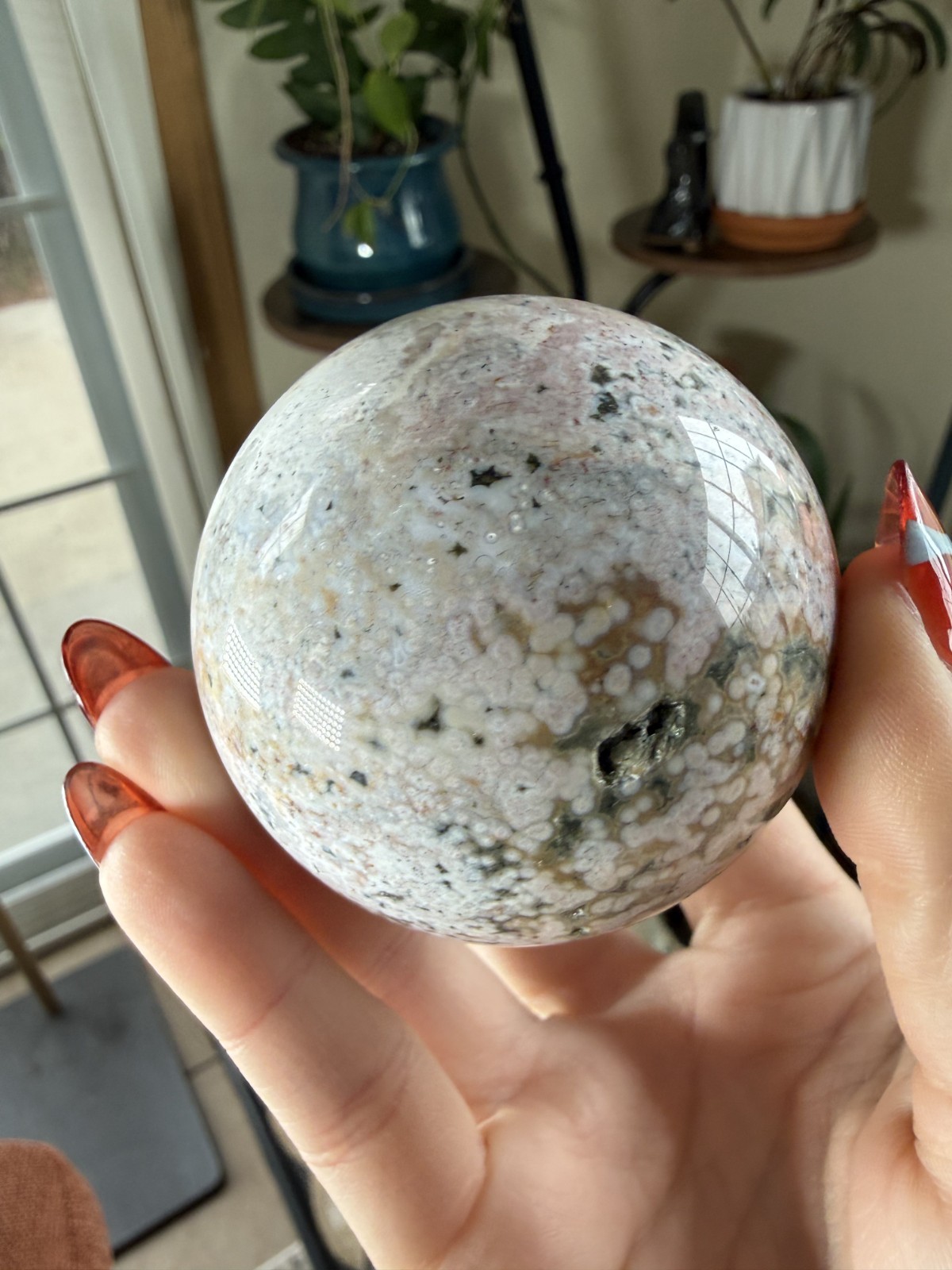 8th Vein Ocean Jasper Sphere – Druzy – Pink, White, Blue & Green Orbs – 9.91 oz
