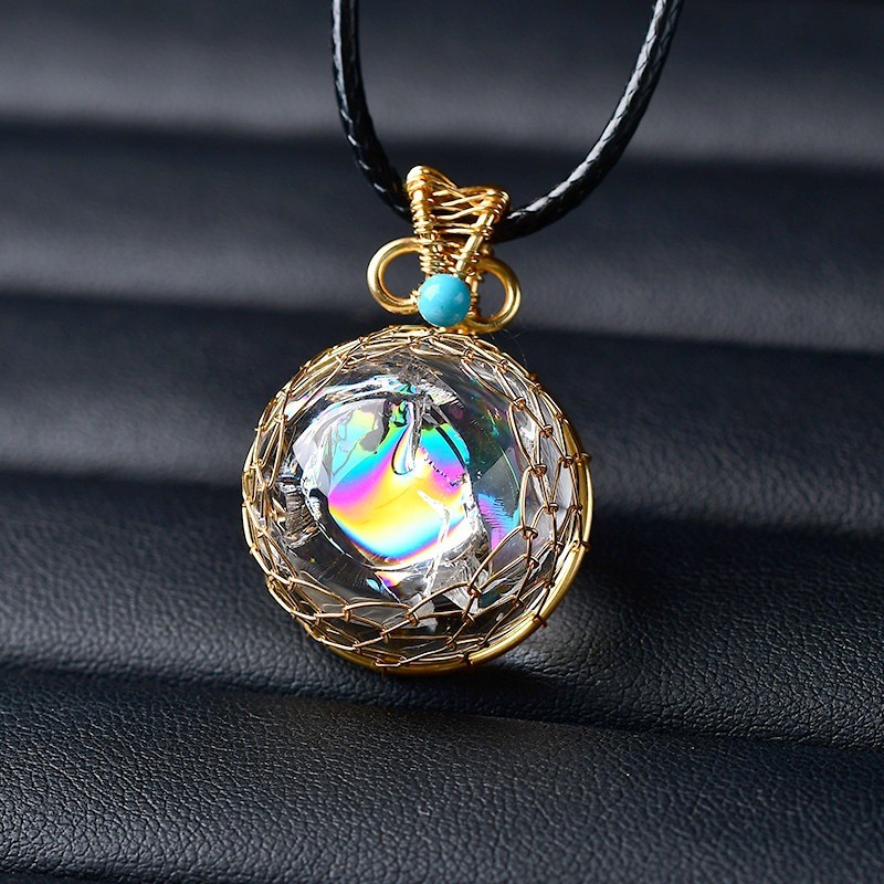 White Crystal Ball Pendant Rainbow Inlaid Raw Polished Gem Necklace Gift