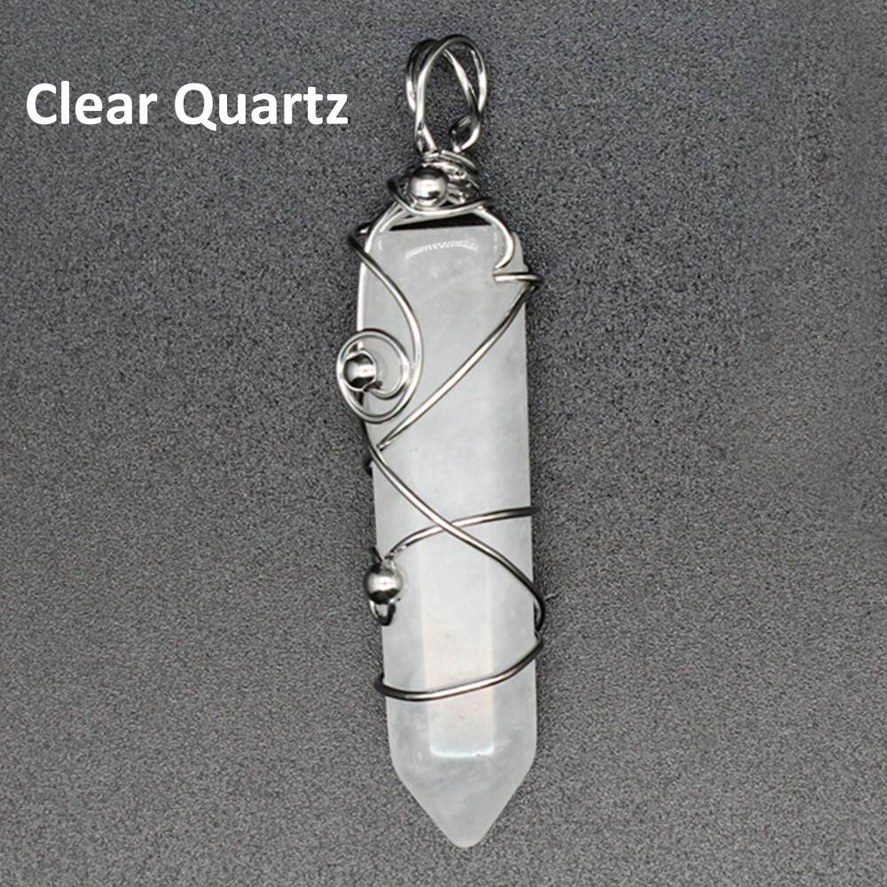 Chakra Wire Wrapped Crystal Point Pendant Quartz Natural Gemstone Healing Reiki