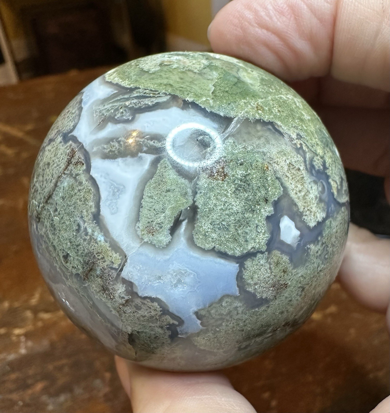 Green Moss Agate Sphere With Druzy And Butterfly Stand Free Shipping