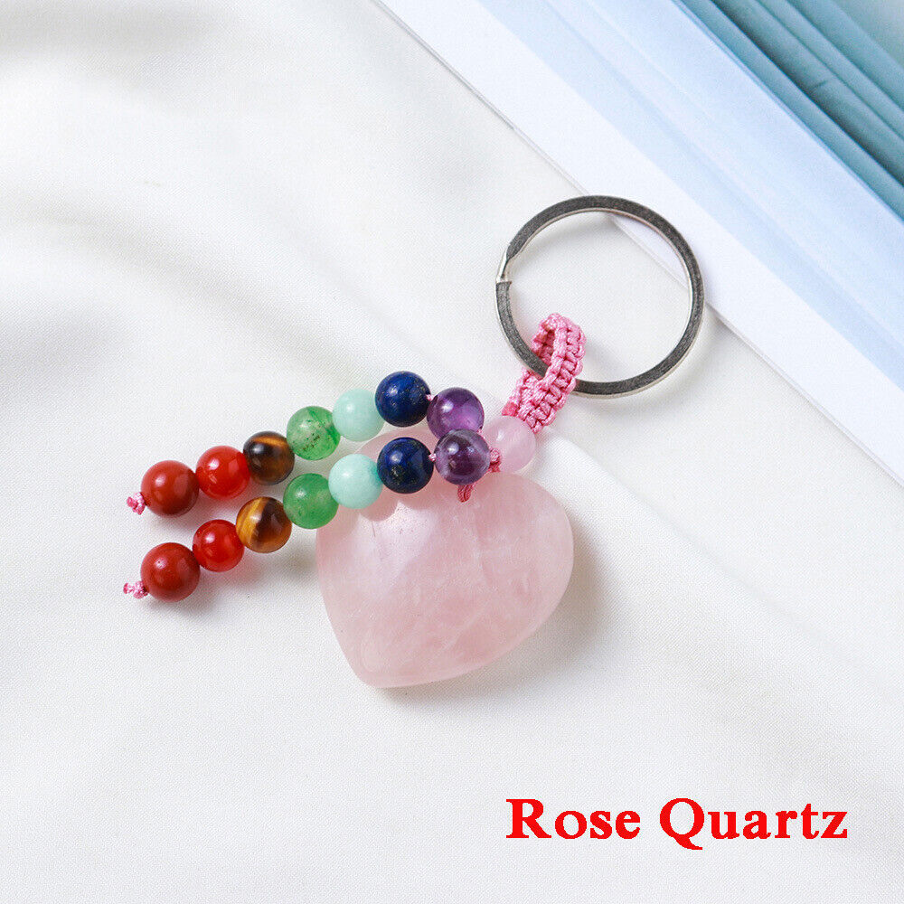 Gemstone Love Heart 7 Chakra Beads Tassel Healing Keychain Bag Charm Pendant USA