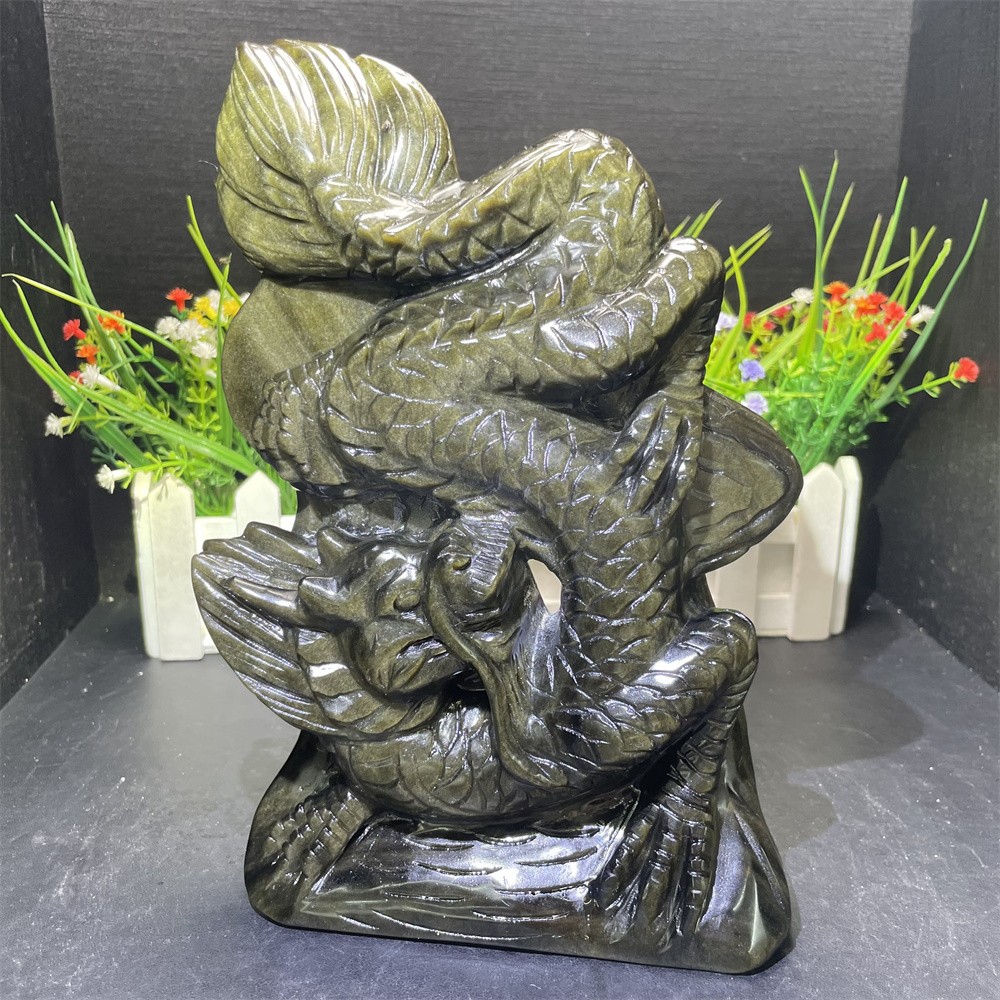 3.1LB 8.8″ Natural A+Golden Obsidian Dragon Figurine Quartz Crystal Hand Carved