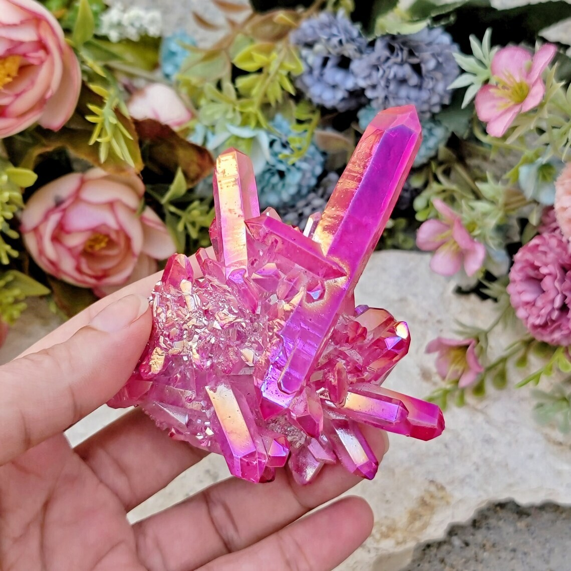 Hot Pink Aura Quartz Cluster Gorgeous Titanium Ore Coated Angel Aura Quartz