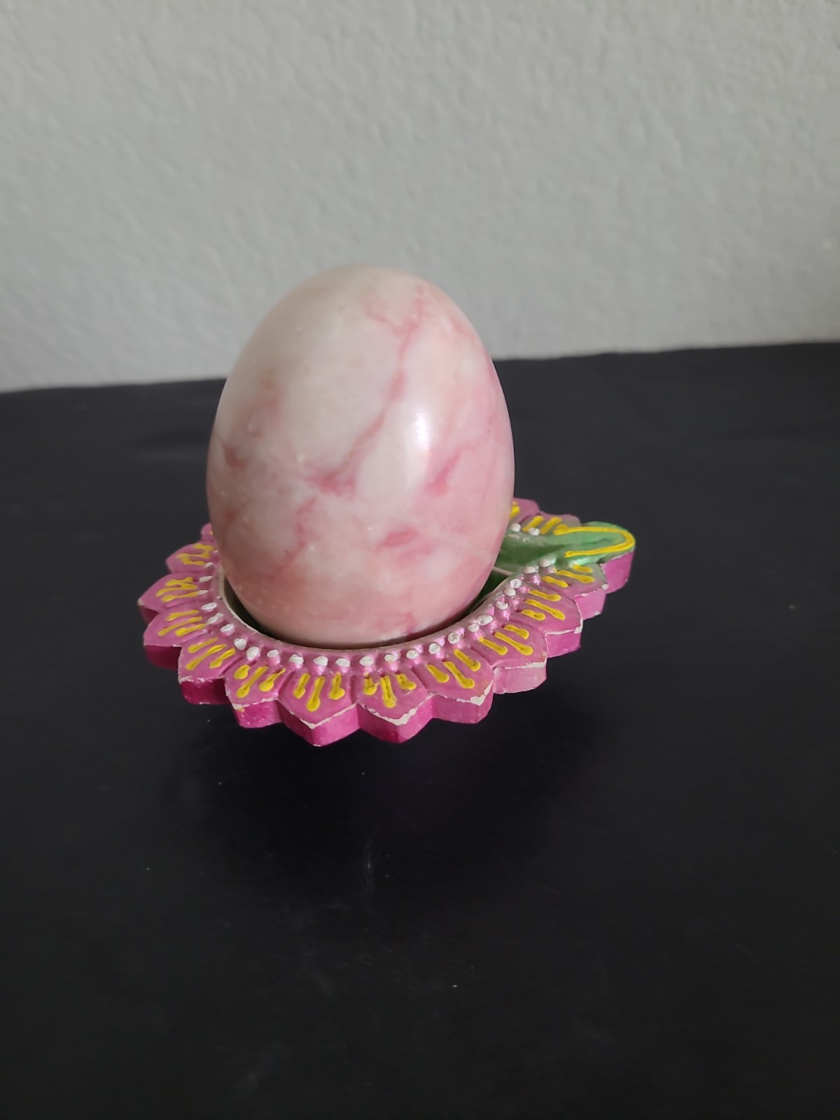 Vintage Polished Pink Stoned Quartz Egg & Ceramic Stand