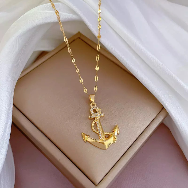 Women’s Fashion Jewelry Gold Cubic Zircon Anchor Pendant Necklace 1PC
