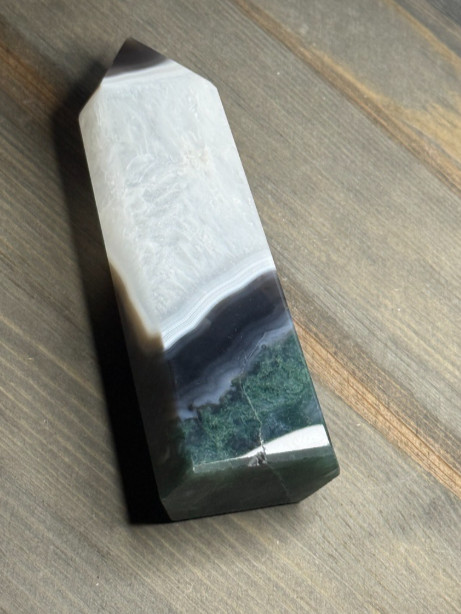 Large Natural Moss Agate in Quartz Crystal Tower White Plume Green Moss 6”