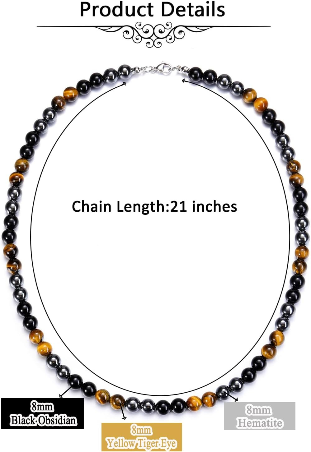 Mens Healing Crystal Black Obsidian Tigers Eye Hematite Beaded Necklace Natural