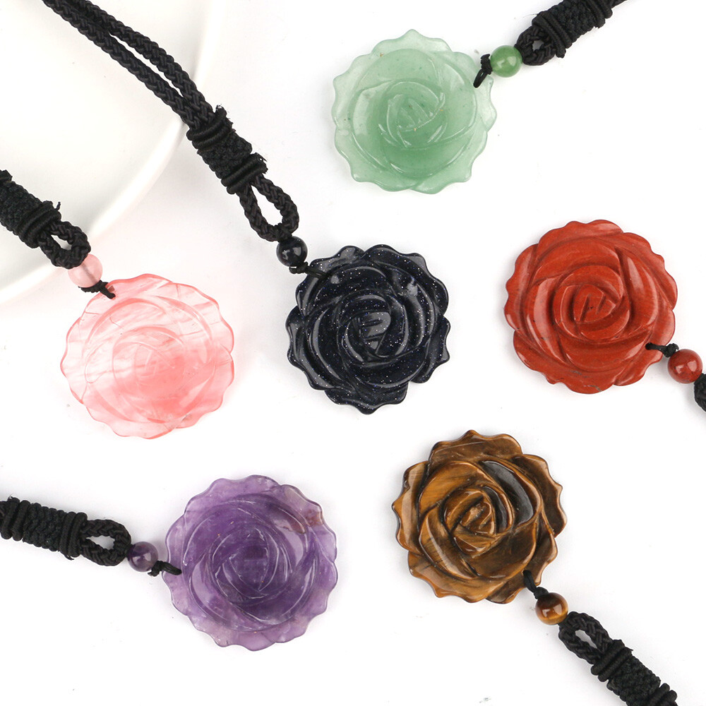 Natural 35mm Crystal Carved Rose Flower Necklace Gemstone Reiki Pendant Charm