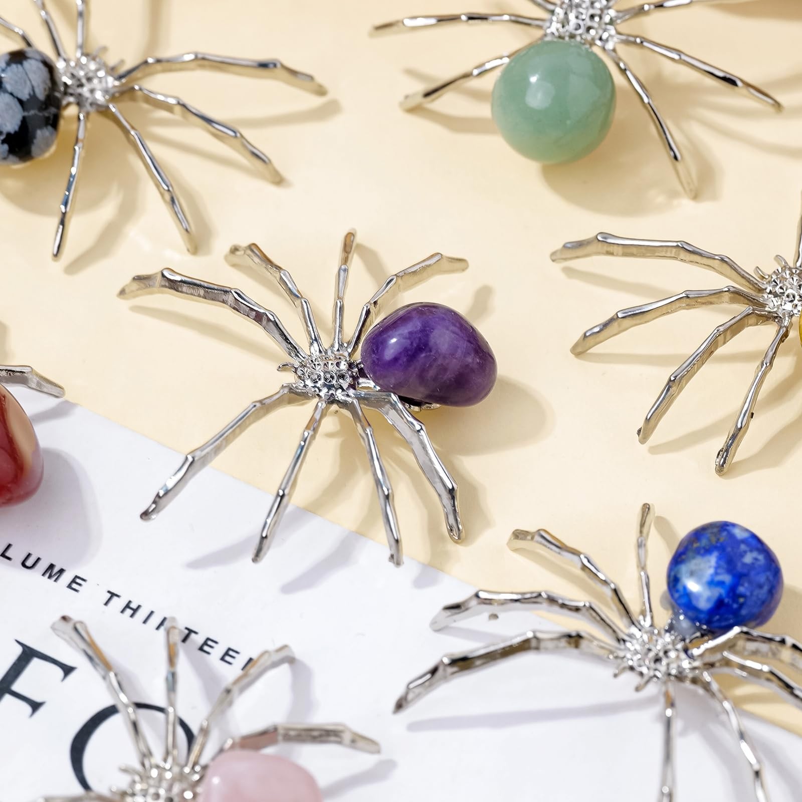 9 PCS Natural Crystal Polished Tumbling Stone Silver Alloy Spider 1.96 Inch