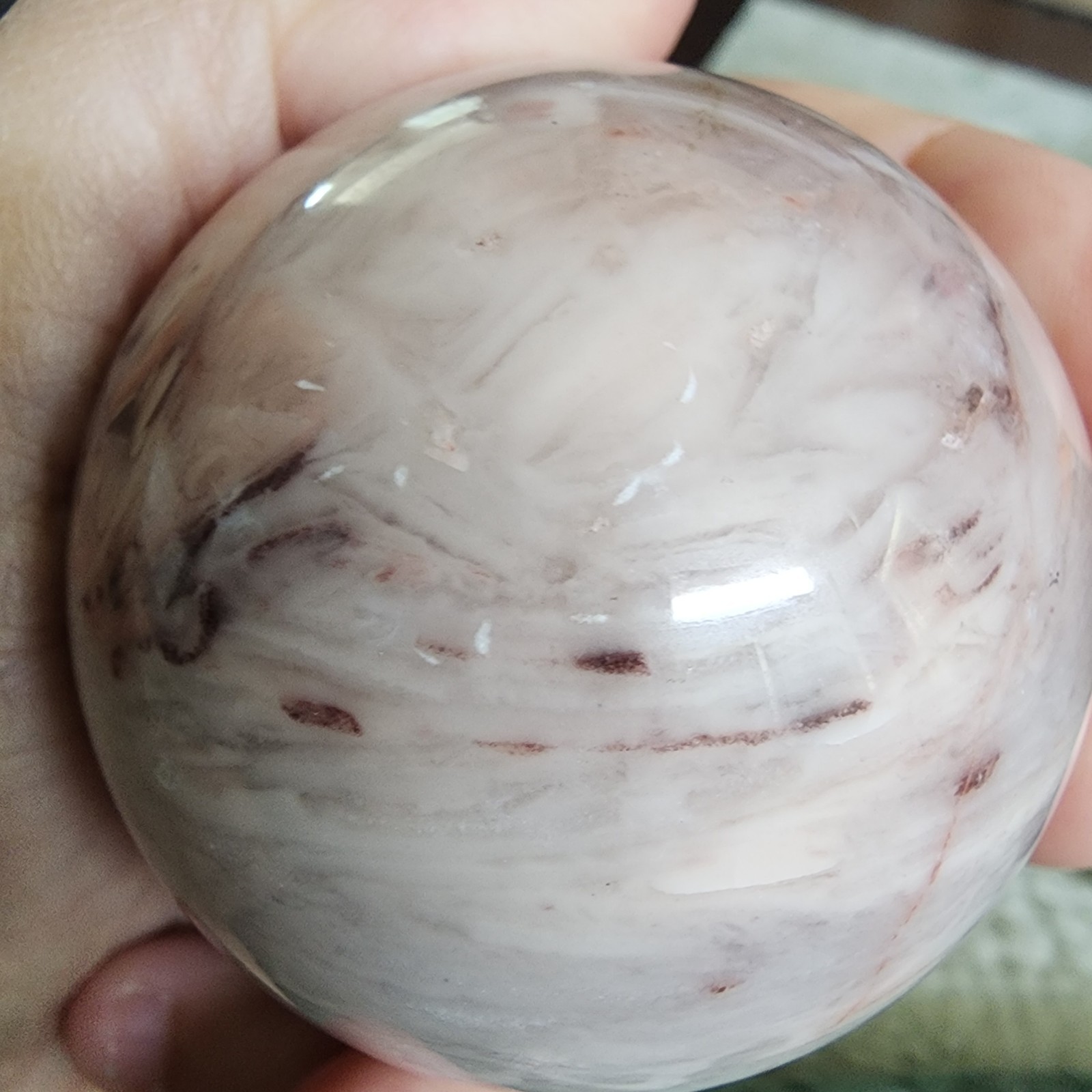 Natural Polished Pink Banded Plume Agate Sphere 2.43″ – 338g – USA