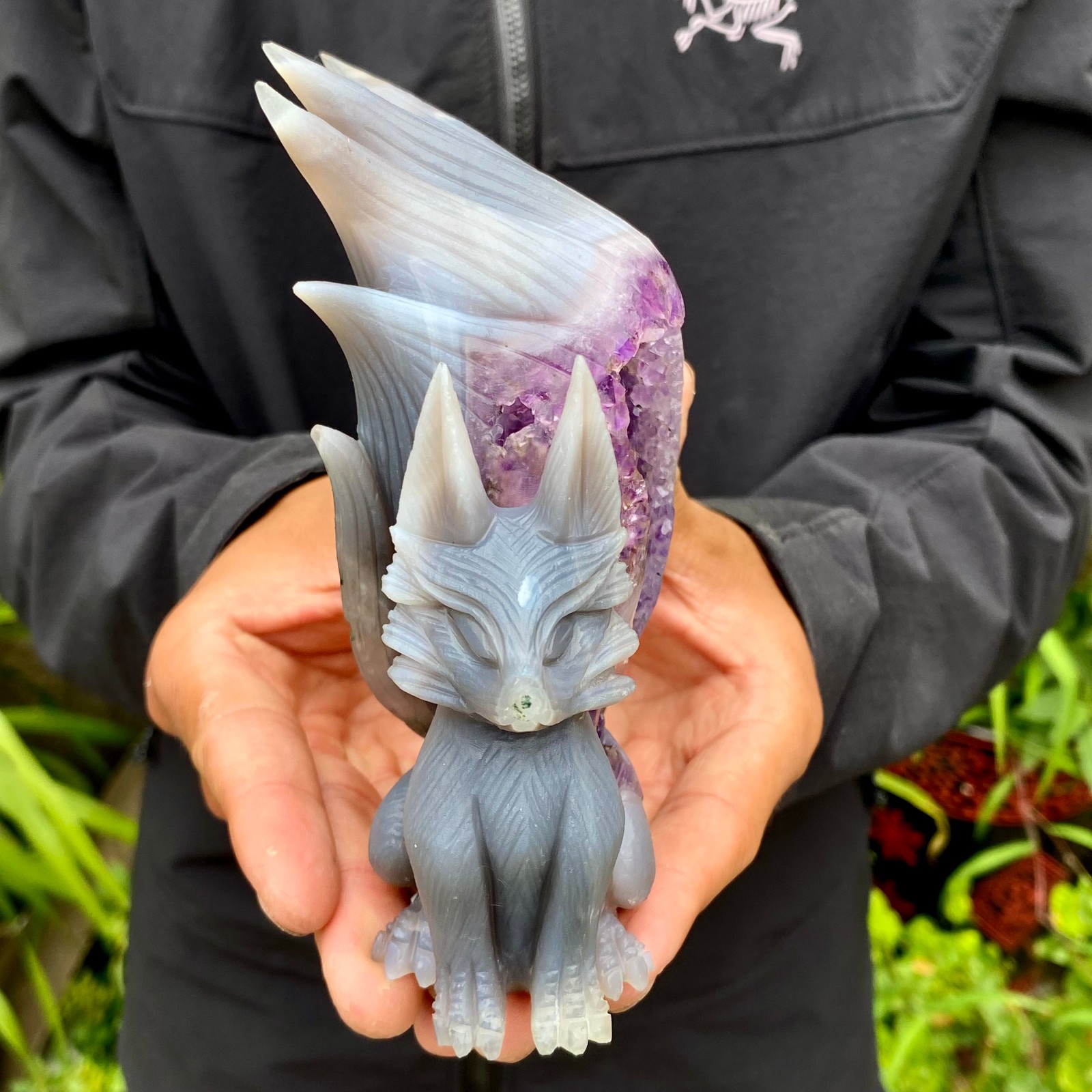 1.49LB Natural Agate Geode Hand Carved Nine-tailed Fox Quartz Crystal Decor