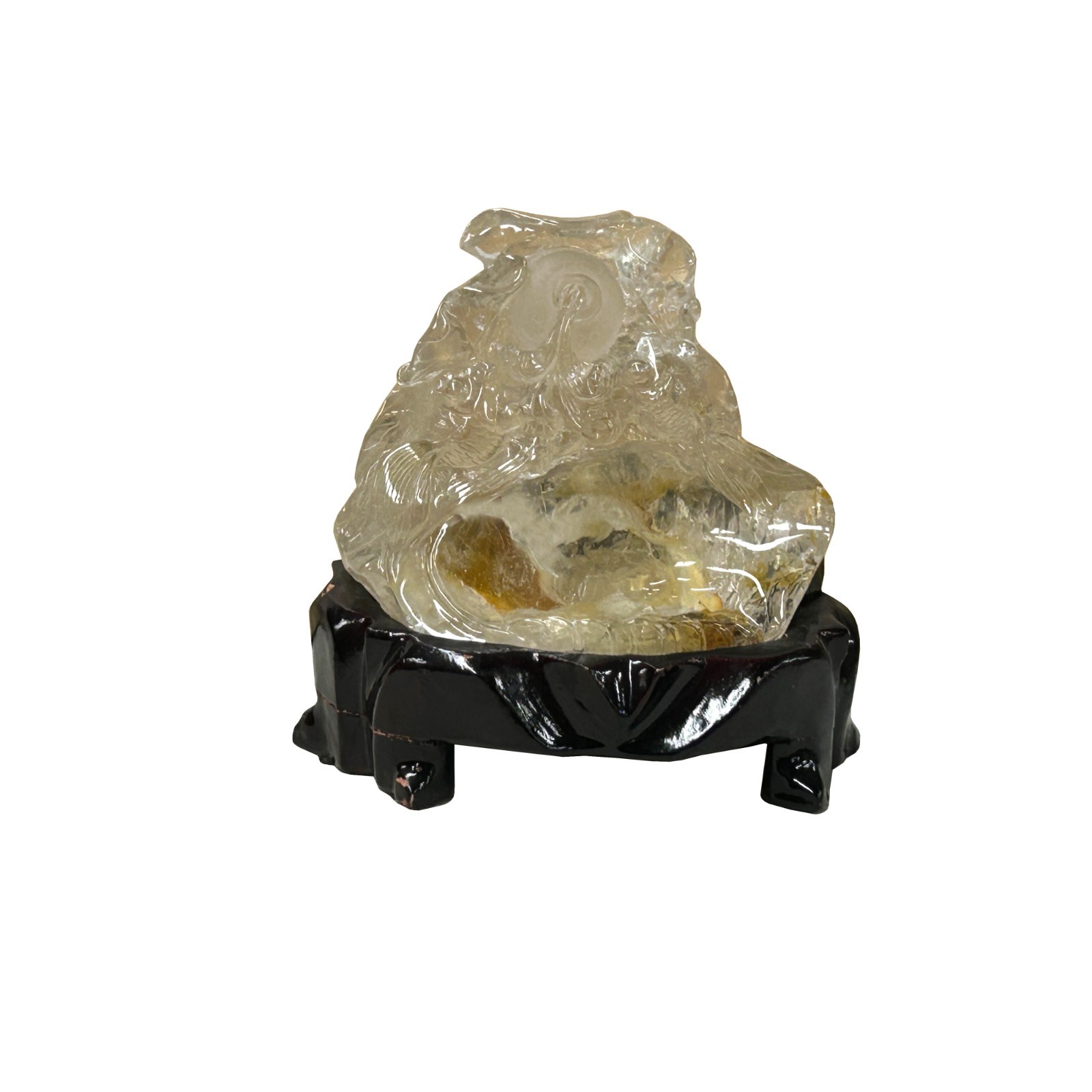 Natural Clear Crystal Koi Gold Fishes Wave Display On Wood Stand GB304