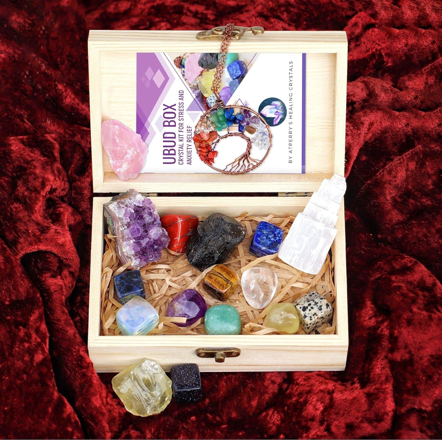 16 LARGE Natural Healing Crystals Set in Wooden Box Tumbled Rough & Raw Crystals