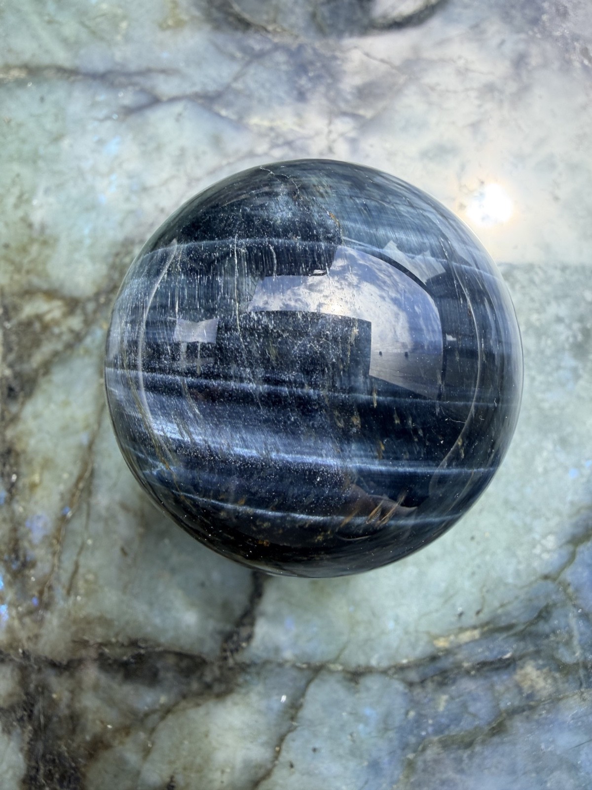 Blue Tiger’s Eye (Hawk’s Eye) Sphere | Intense Chatoyancy Cat’s Eye Effect |1.9″