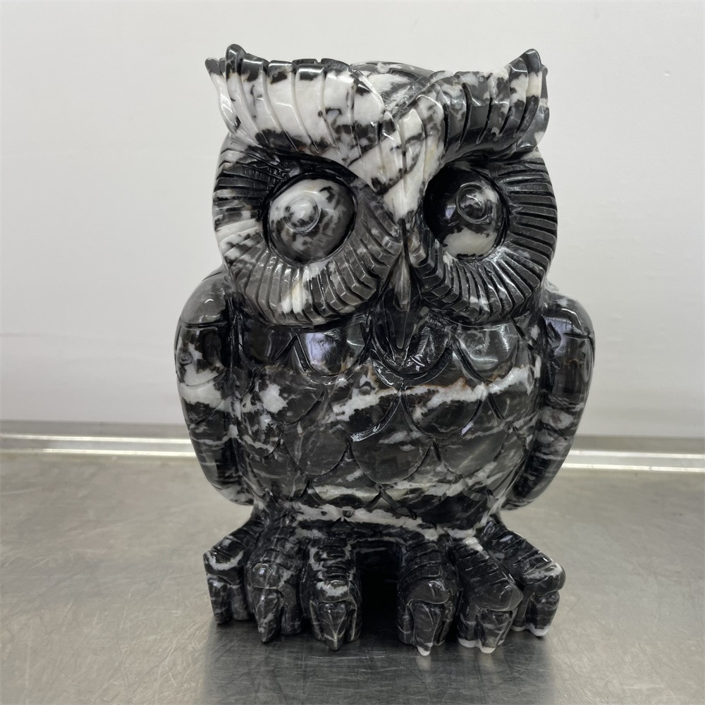 7.1LB 6.1″ Black And White Zebra Jasper Owl Statue Crystal Reiki Carving Decor