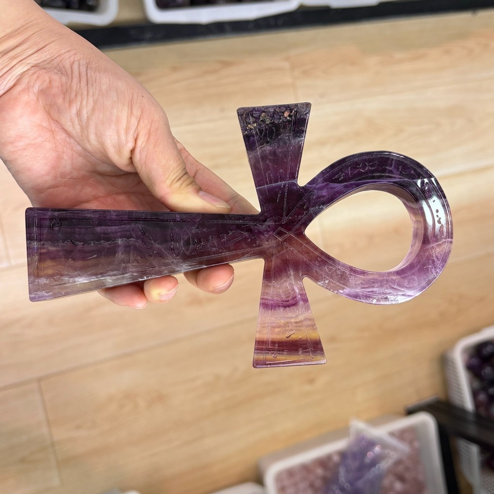 Natural Fluorite Quartz Crystal Cross Carved Crystal Ankh Reiki Healing 1pc