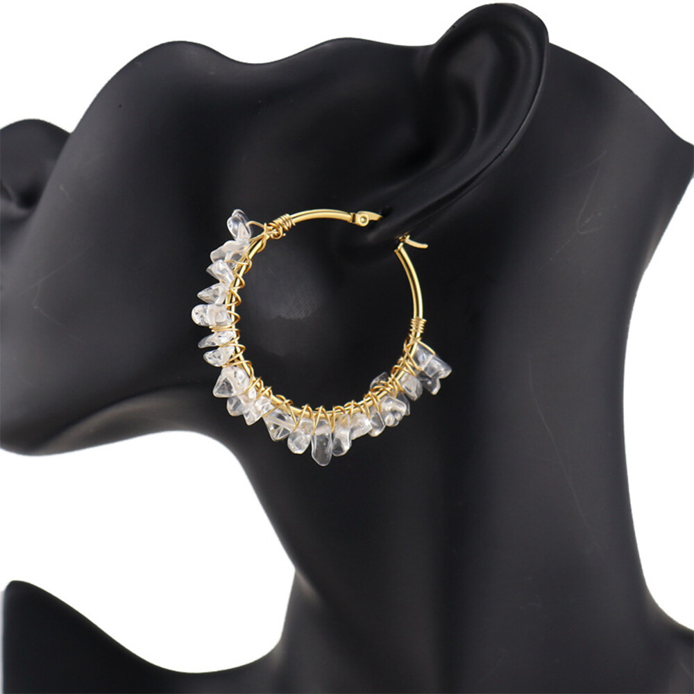 Wire Wrapped Crystal Chips Earrings Natural Stone Gravel Round Circle Jewelry