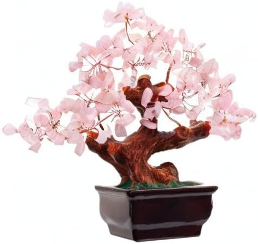 Feng Shui Natural Rose Pink Quartz Crystal Money Tree, Healing Crystal Trees Bon