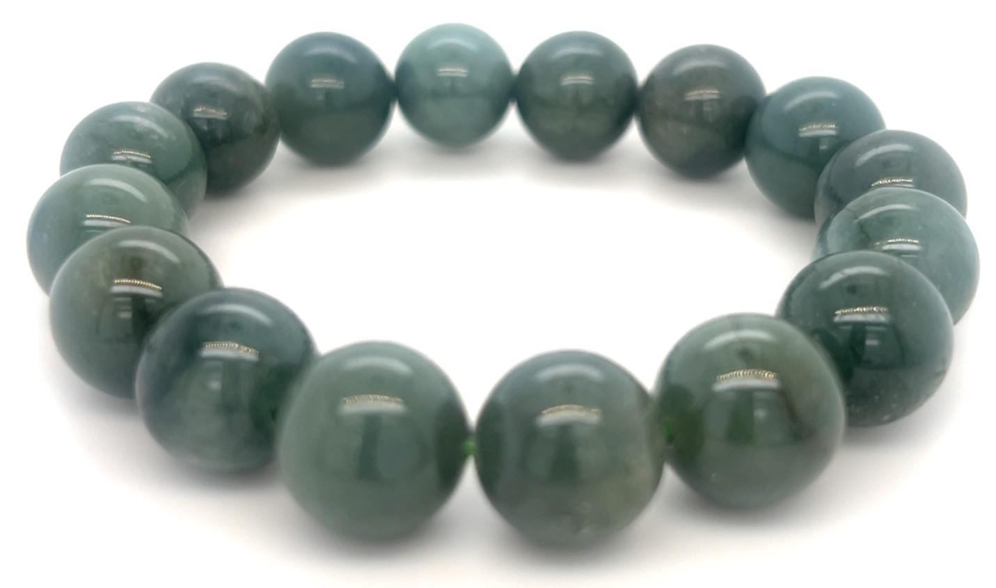 Type A Natural Jadeite Bracelet 353ct – Green 13mm Beads 翡翠缅绿