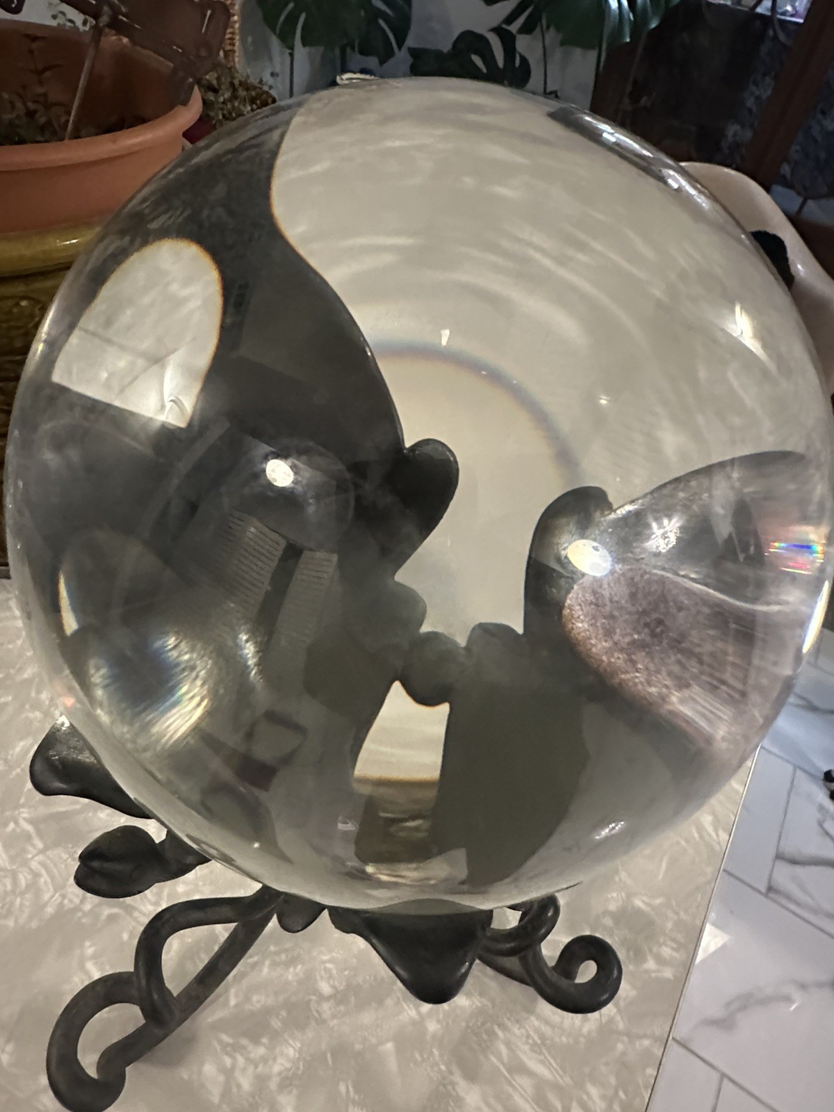 Large Victorian / Art Nouveau Crystal Ball Clear Sphere & Iron Snake Stand