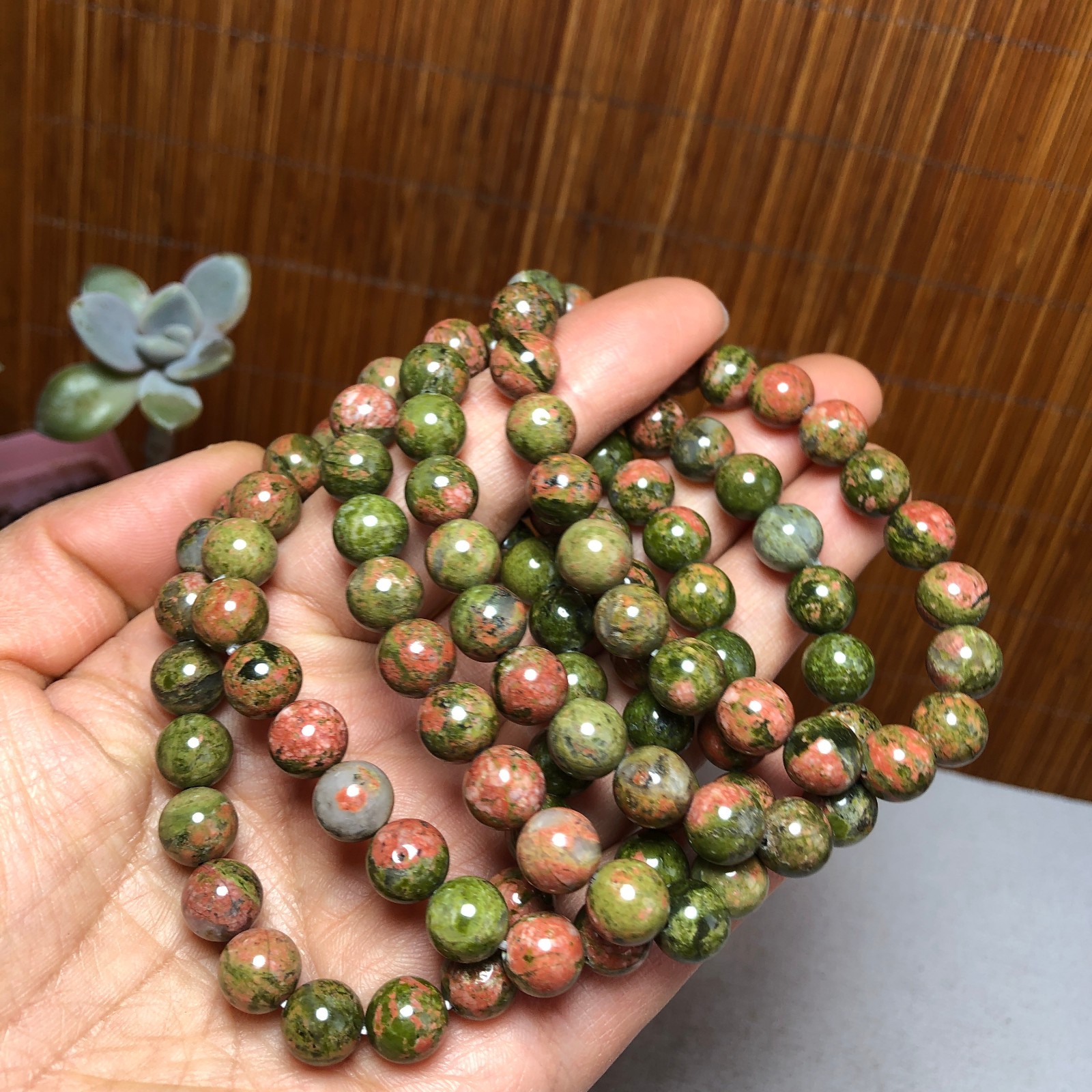 5Pcs Wholesal Natural Polish Unakite stone bracelets Crystal ball 8mm A3424