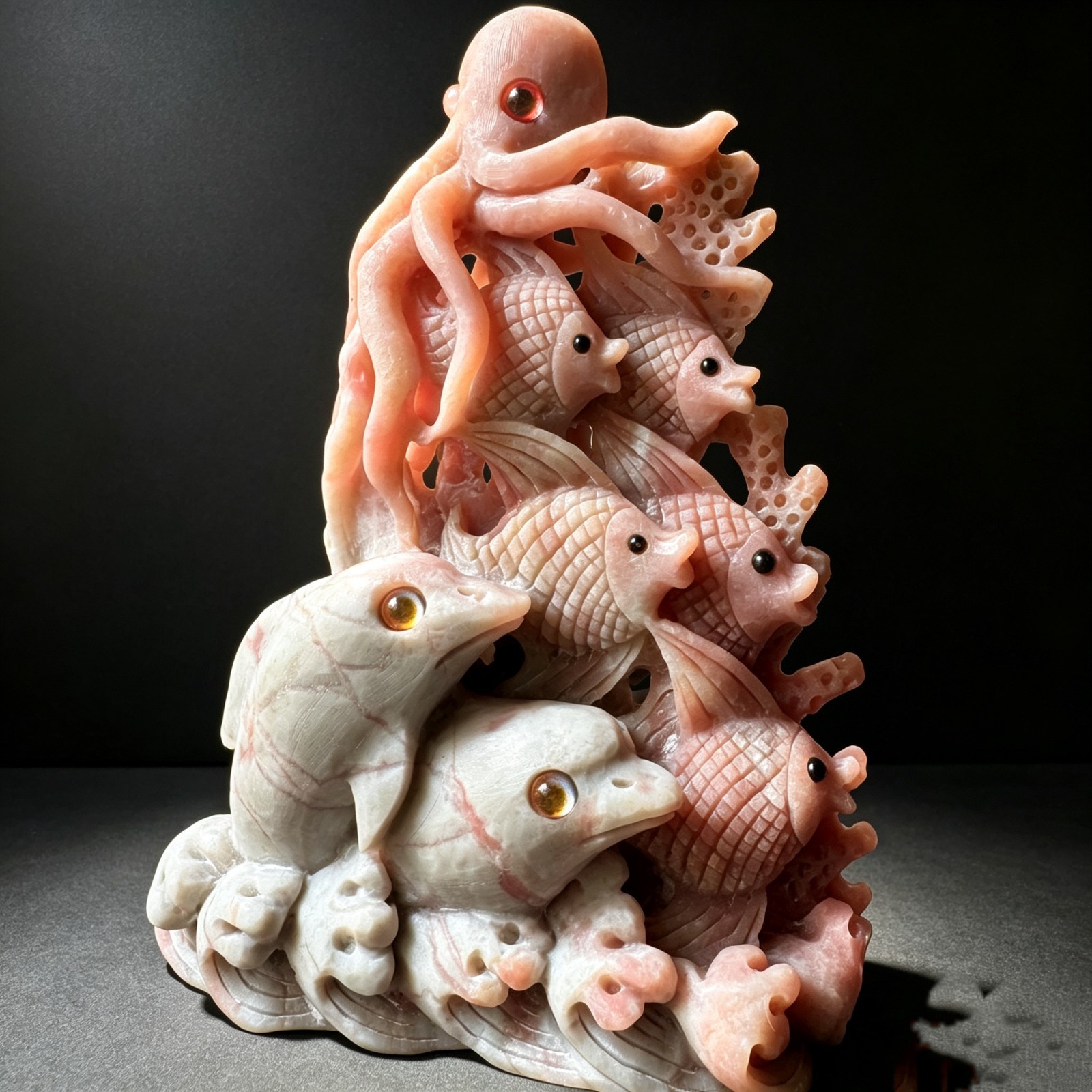 Hand Carved Pink Opal Underwater World – Coral Reef Natural Stone Desk Sculpture