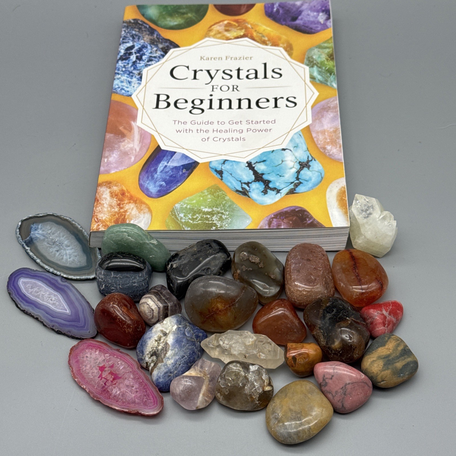 Crystals for Beginners Lot Karen Frazier Book & 20+ Polished Stones Agate Slices