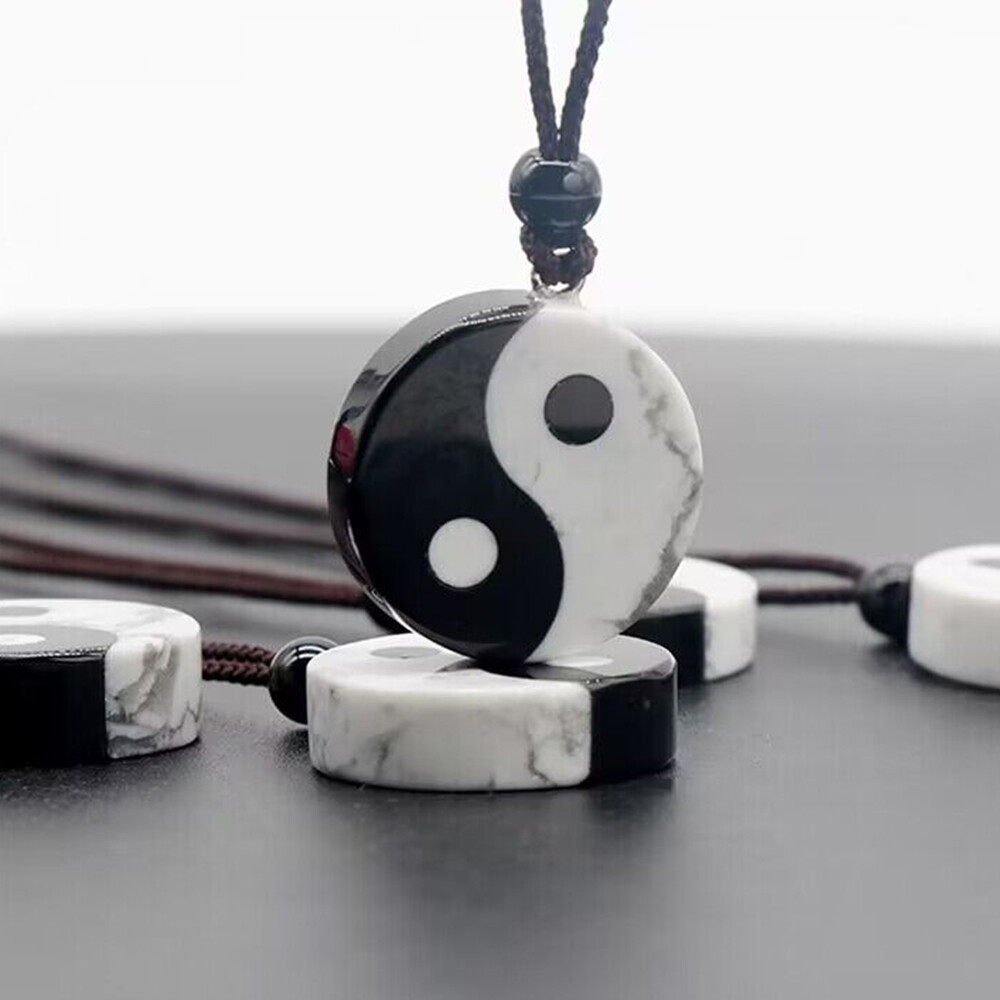 1x Natural Stone Tai Chi Yin Yang Bagua Charm Pendant Braided Rope Cord Necklace