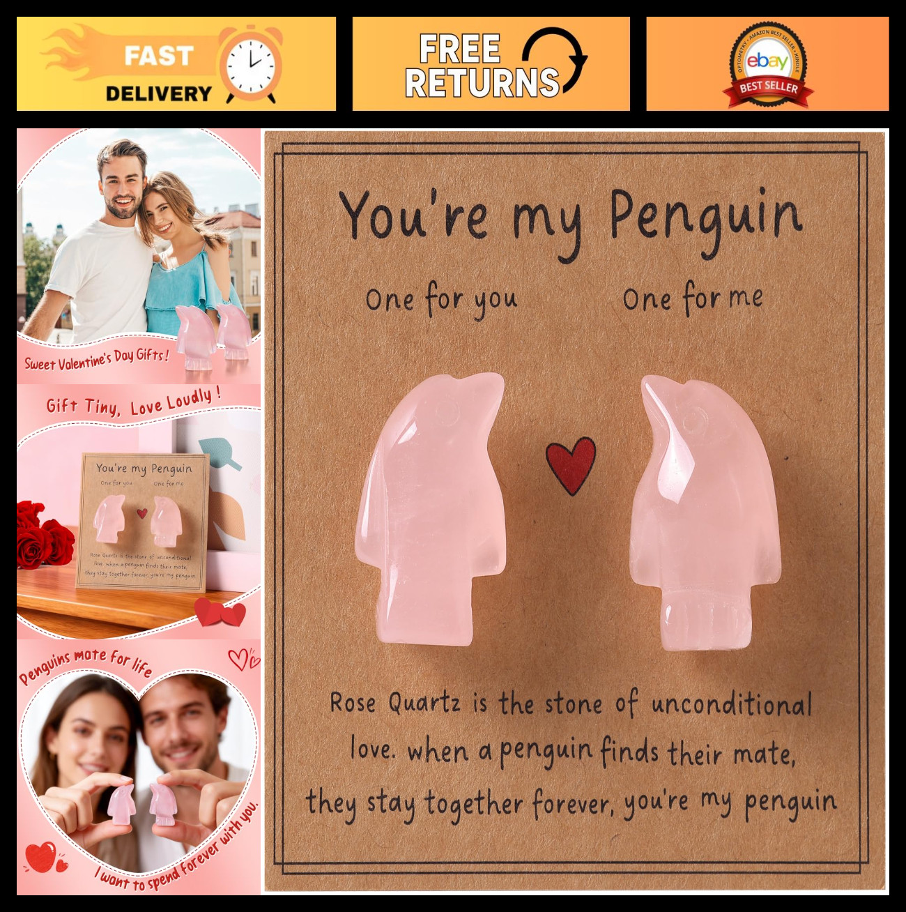 Romantic Rose Quartz Penguin Gifts for Couples – Valentine’s Day, Anniversary, B