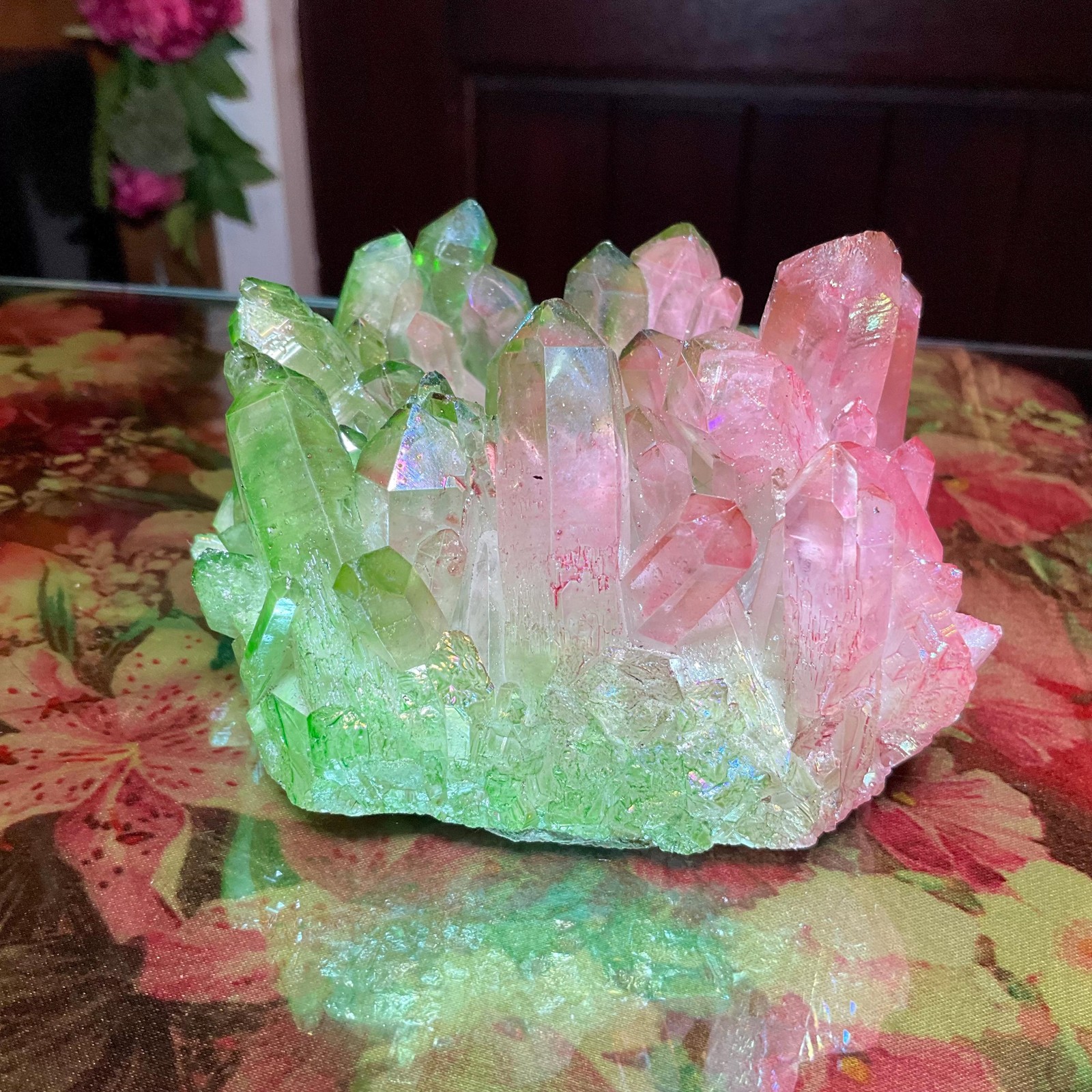 Pink & Green Aura Quartz Crystal Cluster ~ Large 1 Lb. 4 oz. ~ 4″ Long ~ Electr