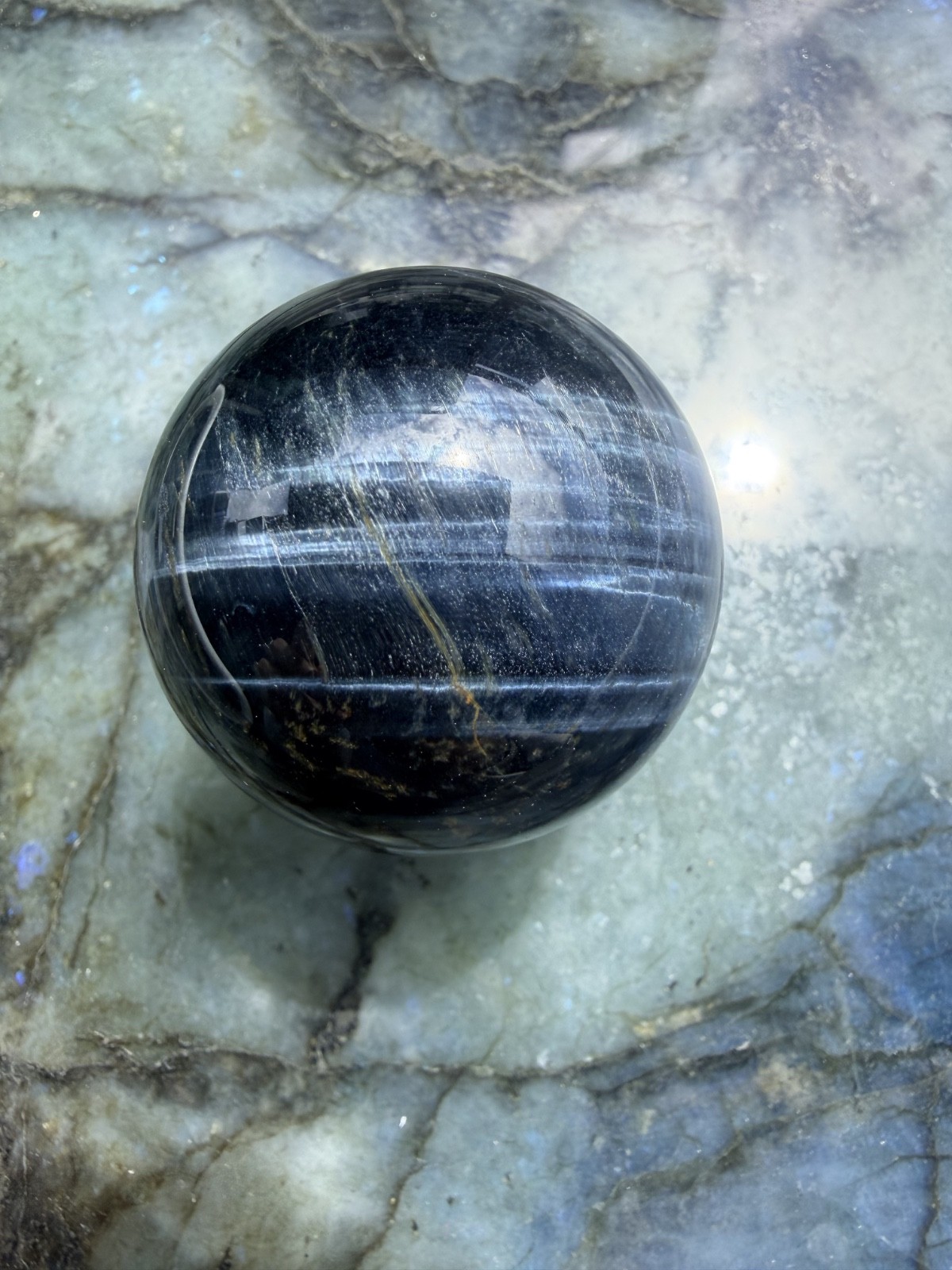 Blue Tiger’s Eye (Hawk’s Eye) Sphere | Intense Chatoyancy Cat’s Eye Effect |1.9″