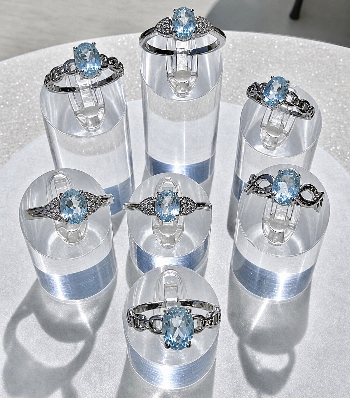 Wholesale 7 Pcs Natural Blue Topaz Stainless Steel(316) Rings Crystal 7x9mm