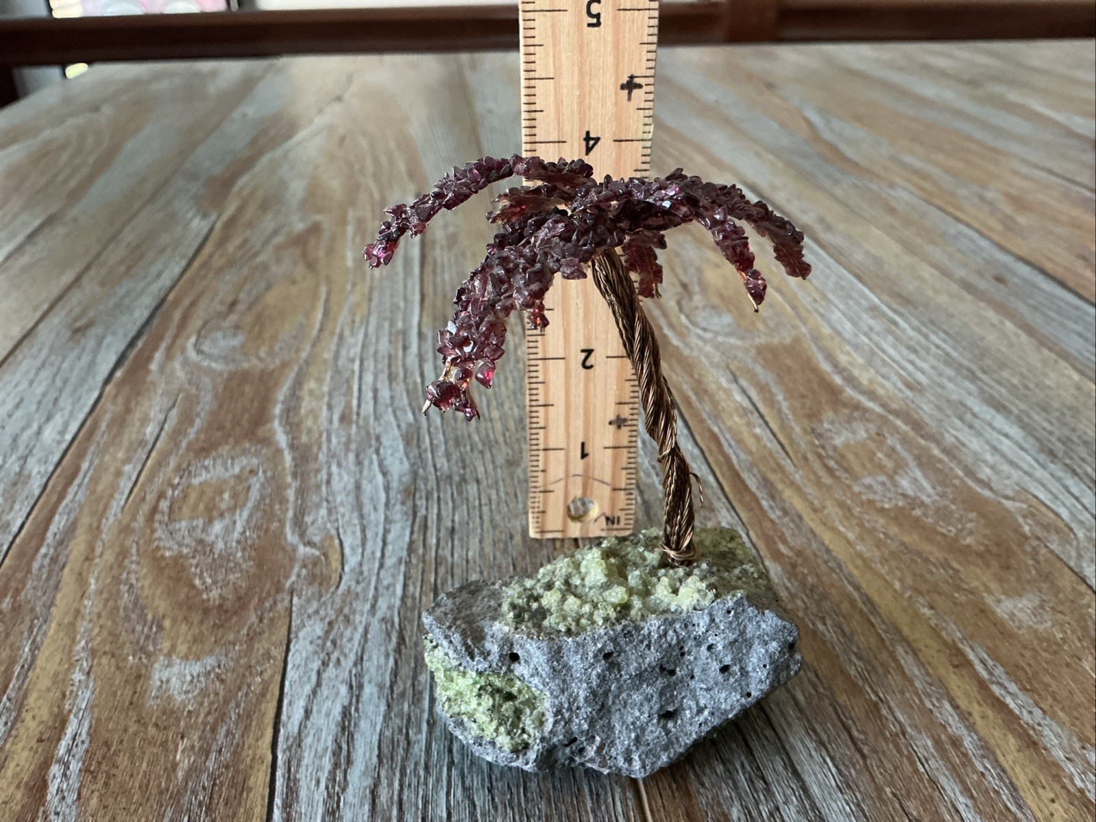 Vintage Gemstone Chip Bonsai Tree Sculpture On Natural Rock Base 4” Handmade Art