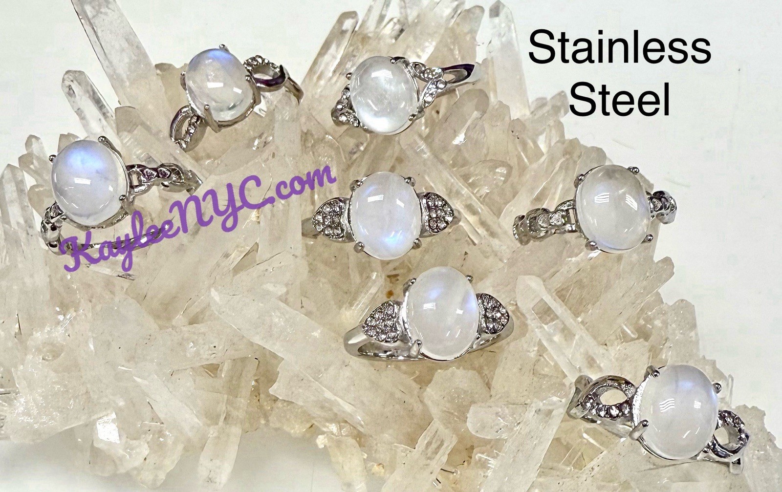 Wholesale Lot 7 Pcs Natural Moonstone Stainless Steel Rings(316) Crystal 8x10mm