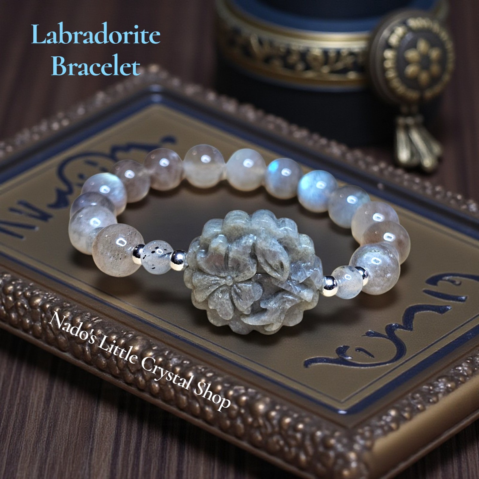 Natural Labradorite 10mm Bracelet With a 26mm Labradorite Flower