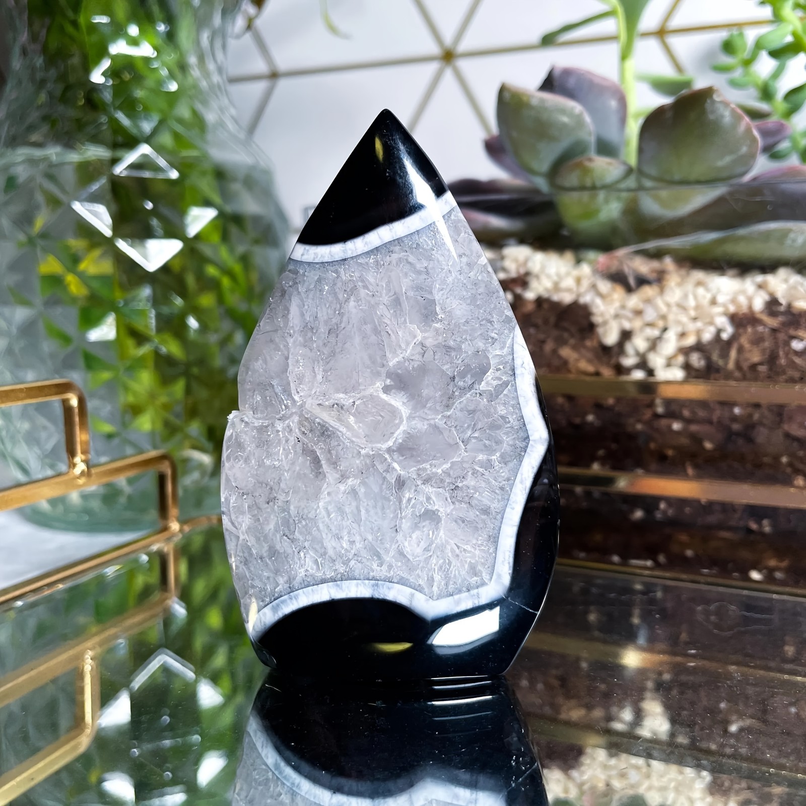 Natural Black Lace Agate Teardrop Carved Ornament Mineral Healing Decor Gift