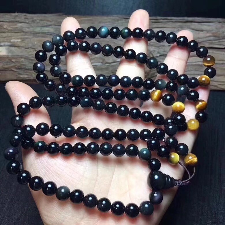 Natural Rainbow Eyes Black Obsidian 108 Beads Buddhist Prayer Mala Bracelet 8mm