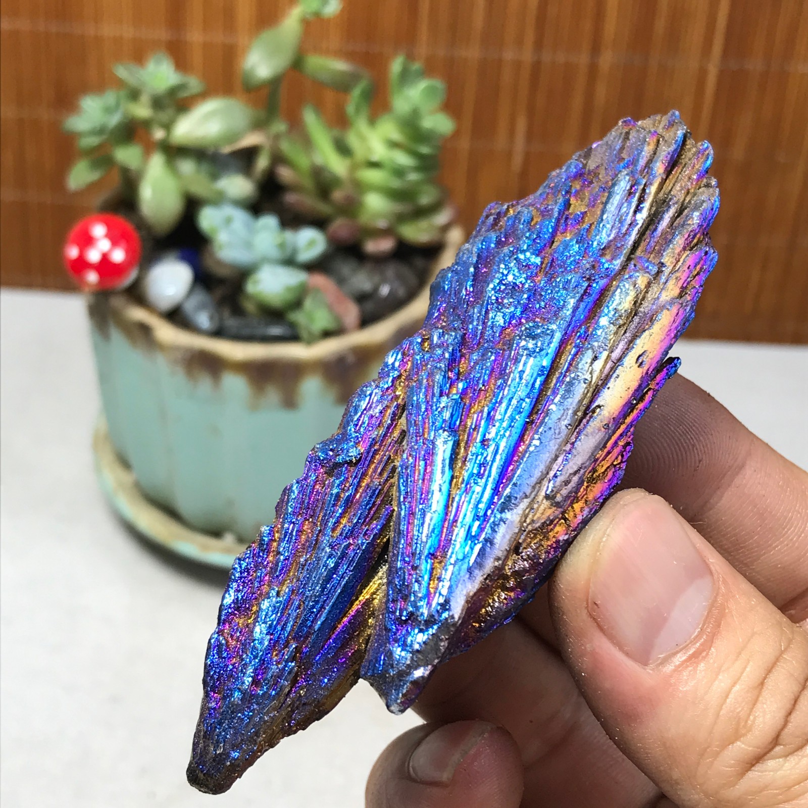 electroplated rainbow tourmaline rutilated uncut crystal specimen 62g A5567