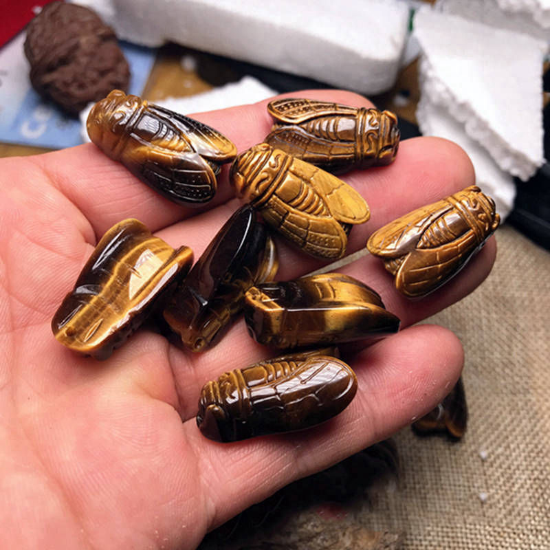 Natural Tiger’s Eye Stone Carved Cicada Quartz Crystal Stone Pendant Healing