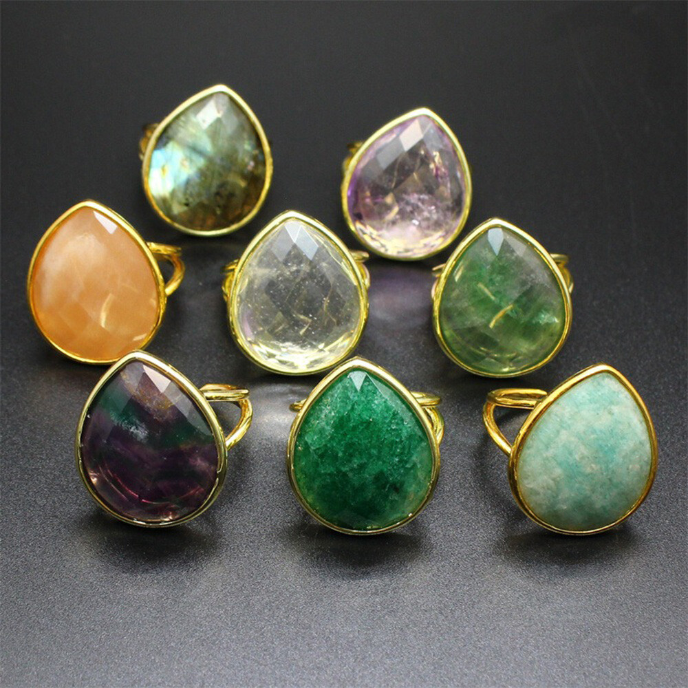 1pc Teardrop Chakra Faceted Crystal Ring Gemstone Water Drop Quartz Jewerly Gift