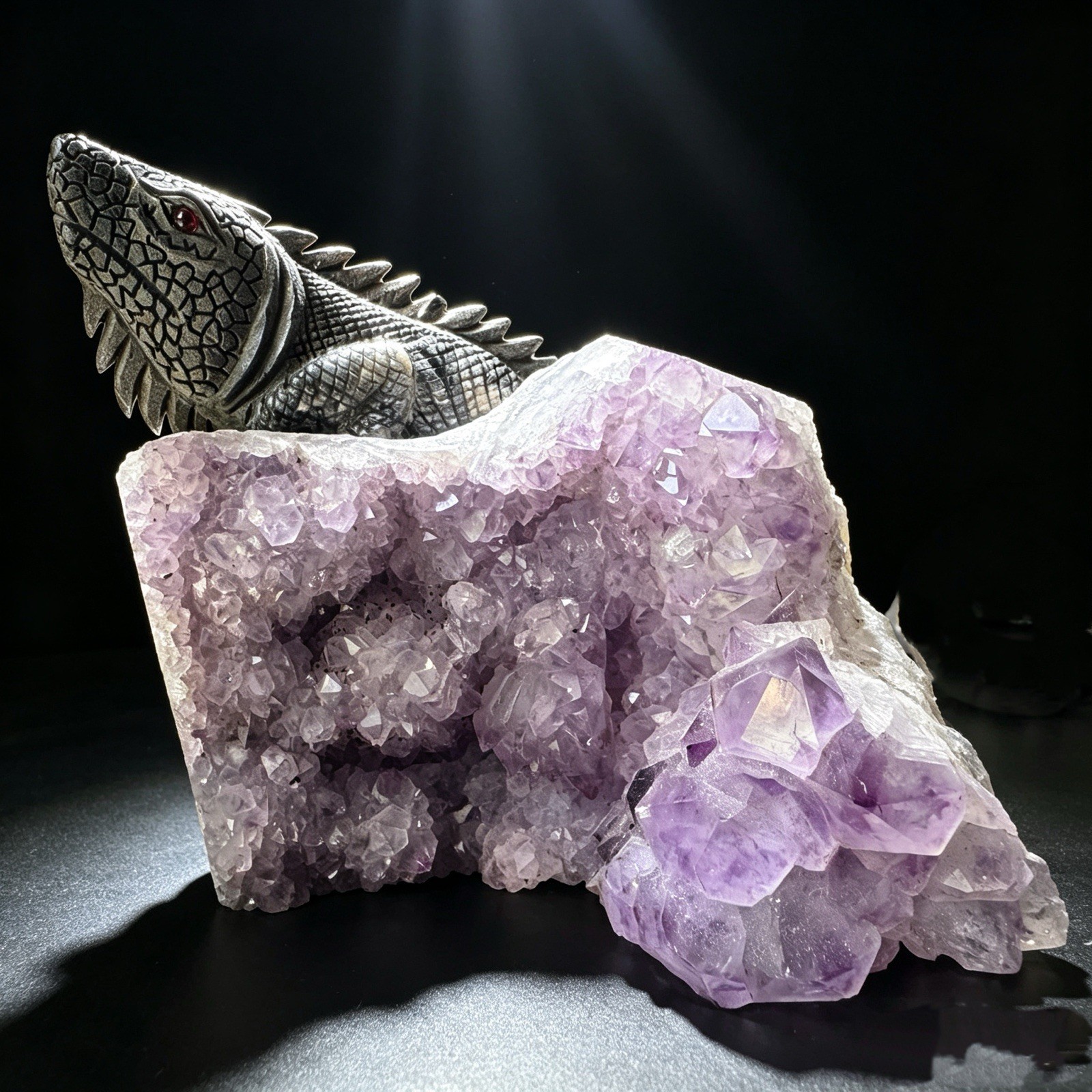 Natural Amethyst Cluster Lizard Sculpture Hand Carved Crystal Collectible Art