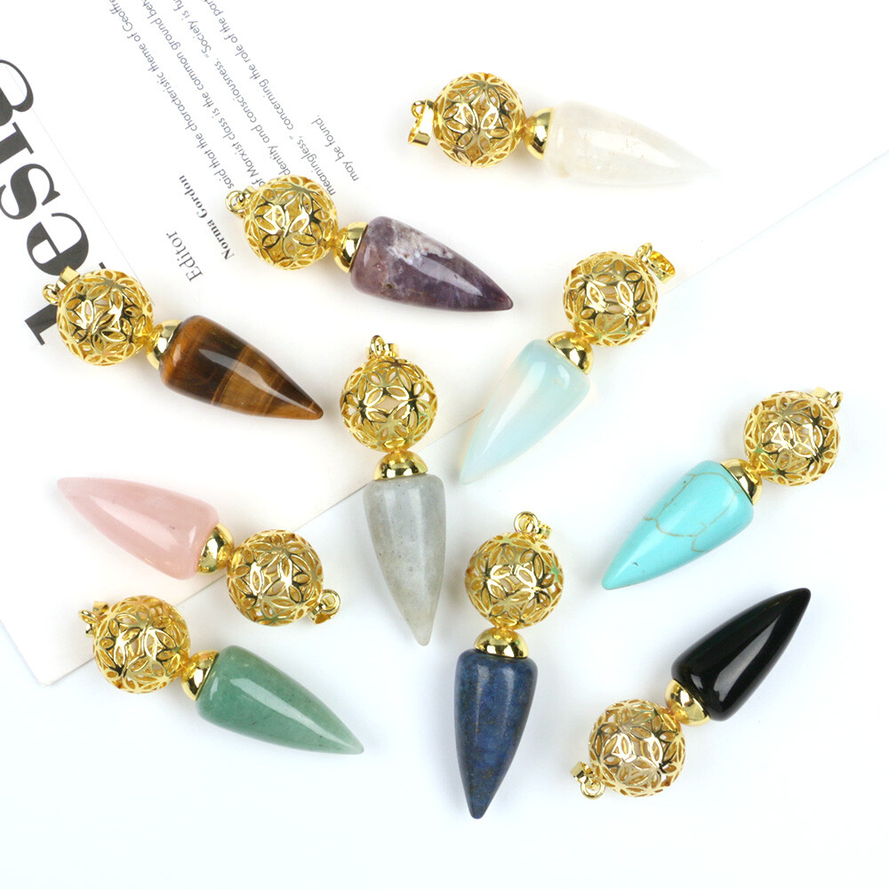 10pcs Gold Chain Bullet Cone Crystal Chakra Pendulum Quartz Stone Metal Dowsing