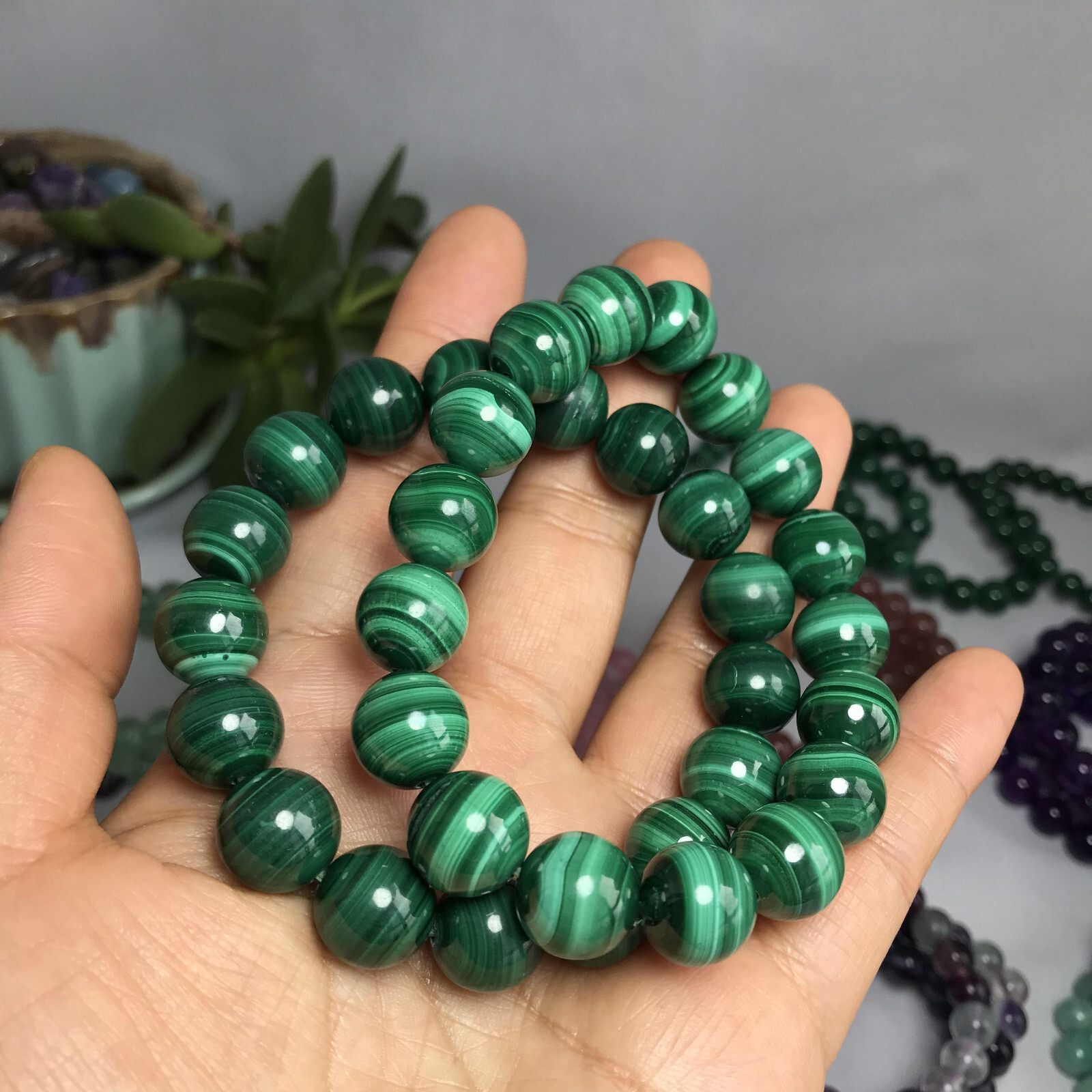12mm Natural malachite gemstone Crystal chain beads bracelet 62-33g A5261