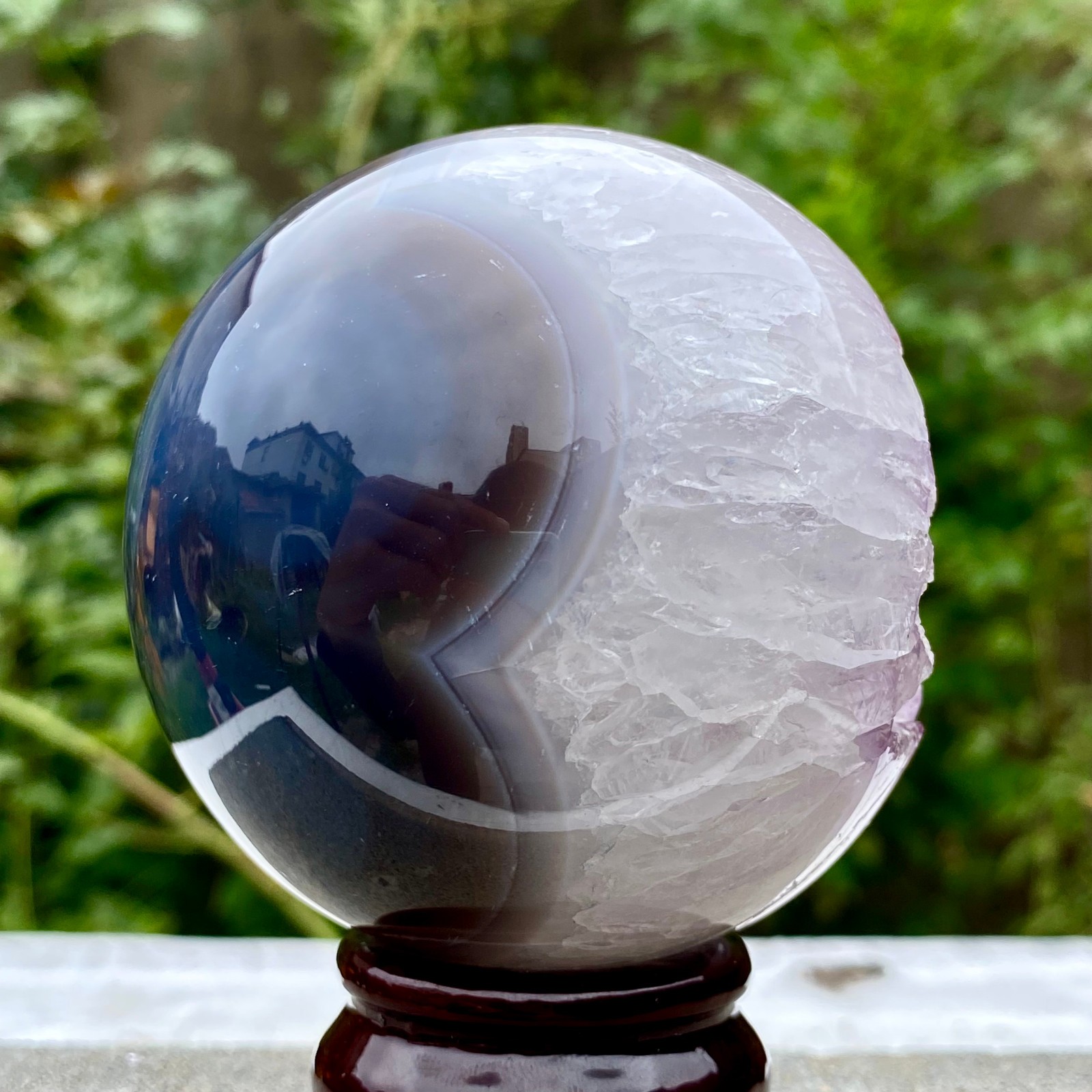 1.1LB Natural Amethyst Sphere Crystal Ball with Wood Stand Healing Feng Shu
