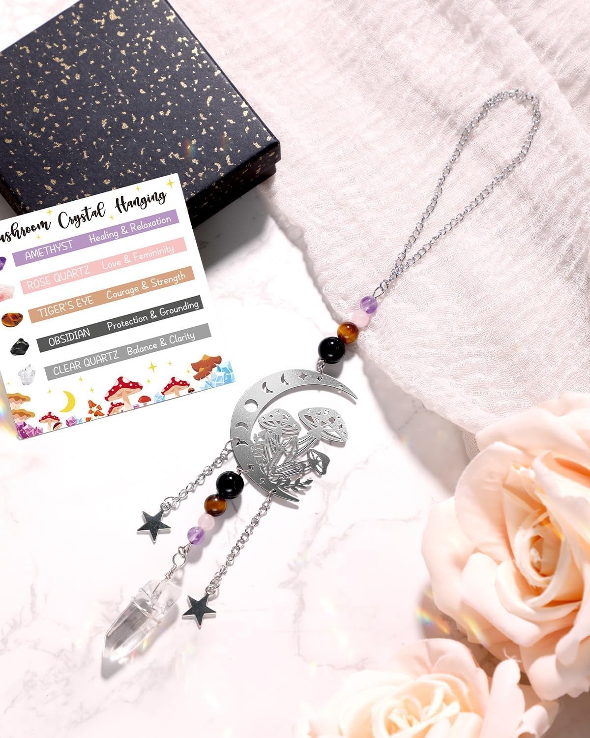 Tuitessine Mushroom Crystal Car Mirror Hanging Charm Quartz Amethyst Decor