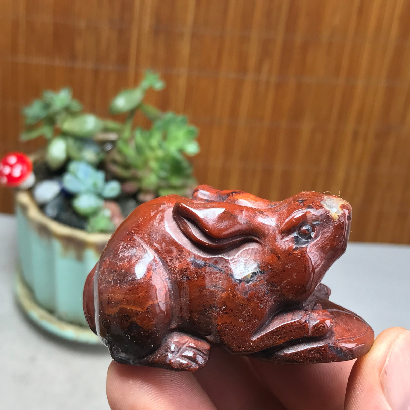 Natural bloodstone carve Rabbit & Copper Coin Figurine, Feng Shui Wealth Luck 82
