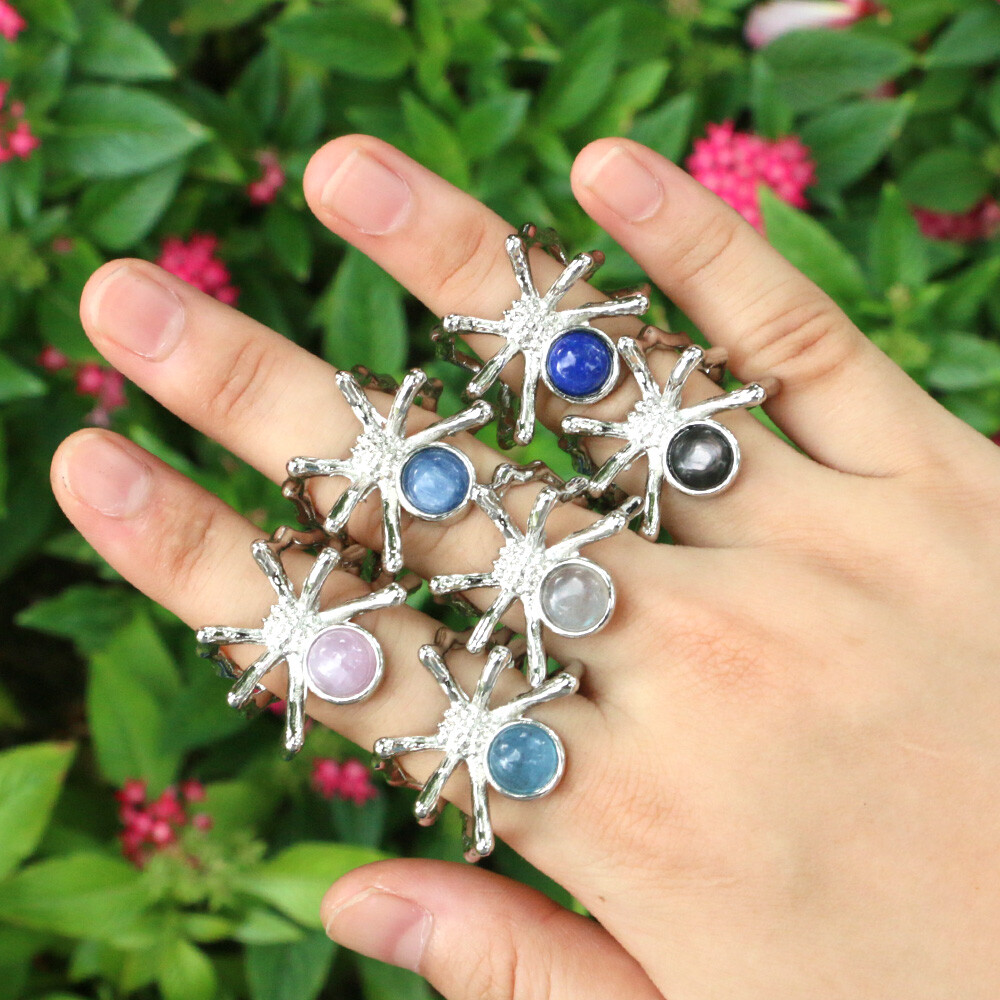 1pc Adjustable Chakra Crystal Spider Rings Gemstone Round Bead Quartz Jewerly