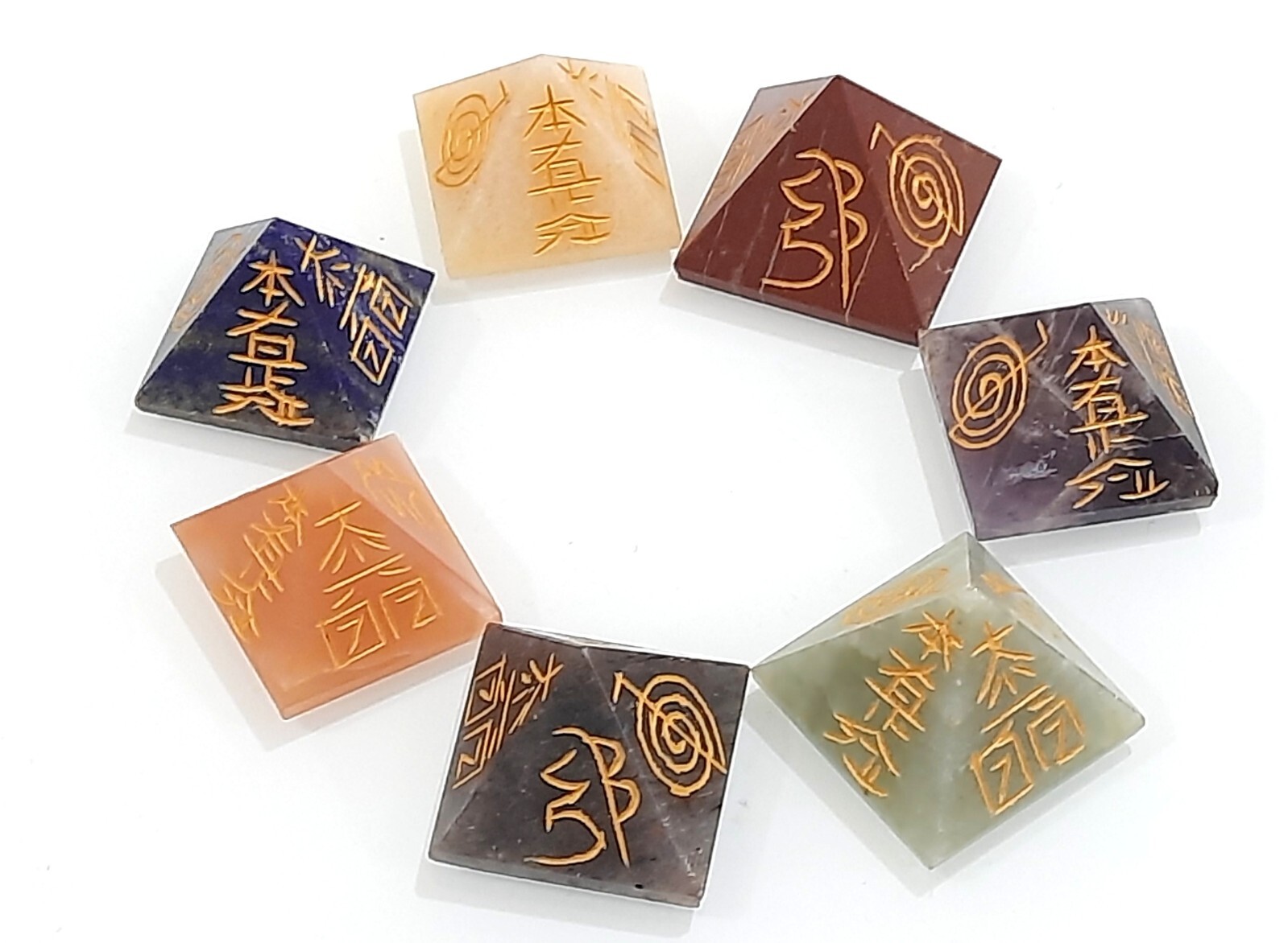 Reiki Sign Engraved Chakra Stone Pyramid Set 7 Chakra Reiki Pyramid Set