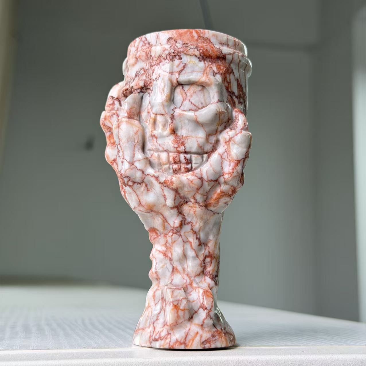 430g Natural Red Network Jasper Dragon Claw Skull Candle Holder Table Decor